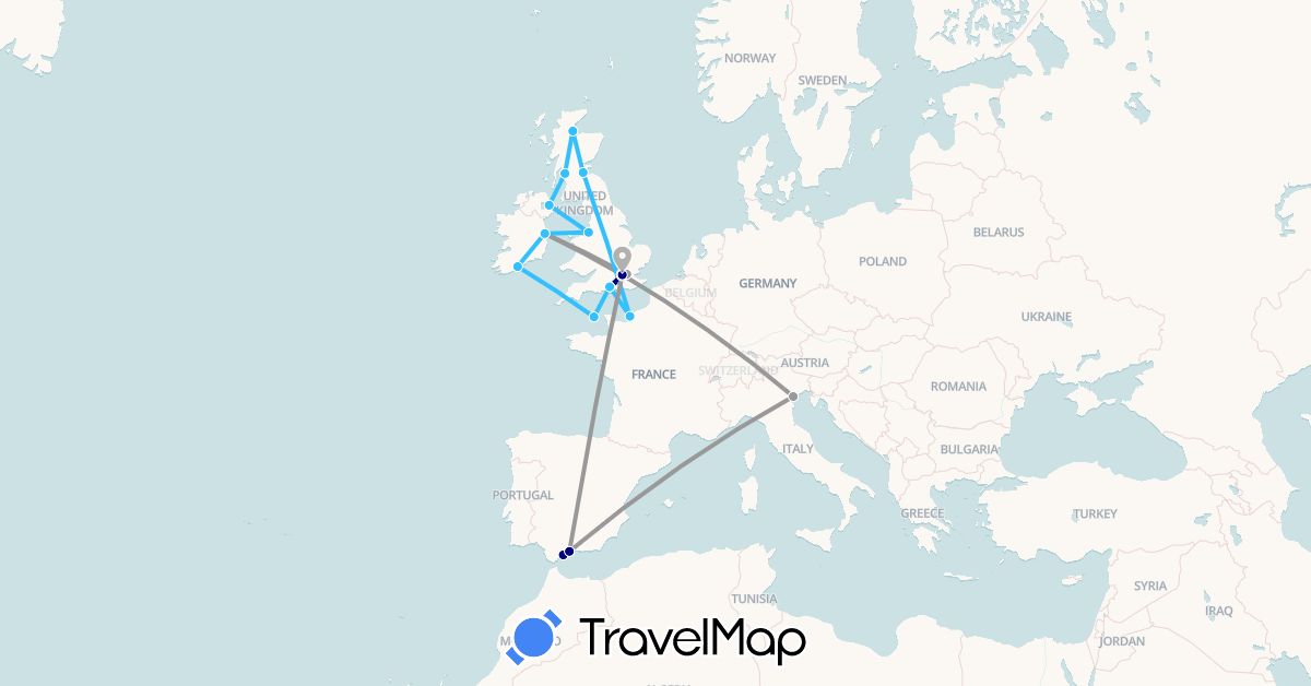 TravelMap itinerary: driving, plane, boat in Spain, France, United Kingdom, Guernsey, Ireland, Italy (Europe)